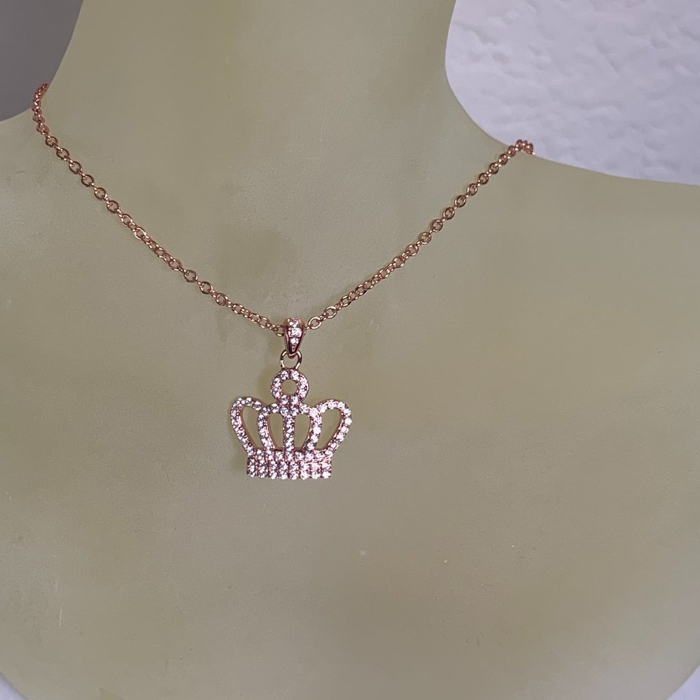 NWOT Rose Gold (Pink) Tone Pave CZ Crown Pendant + Chain